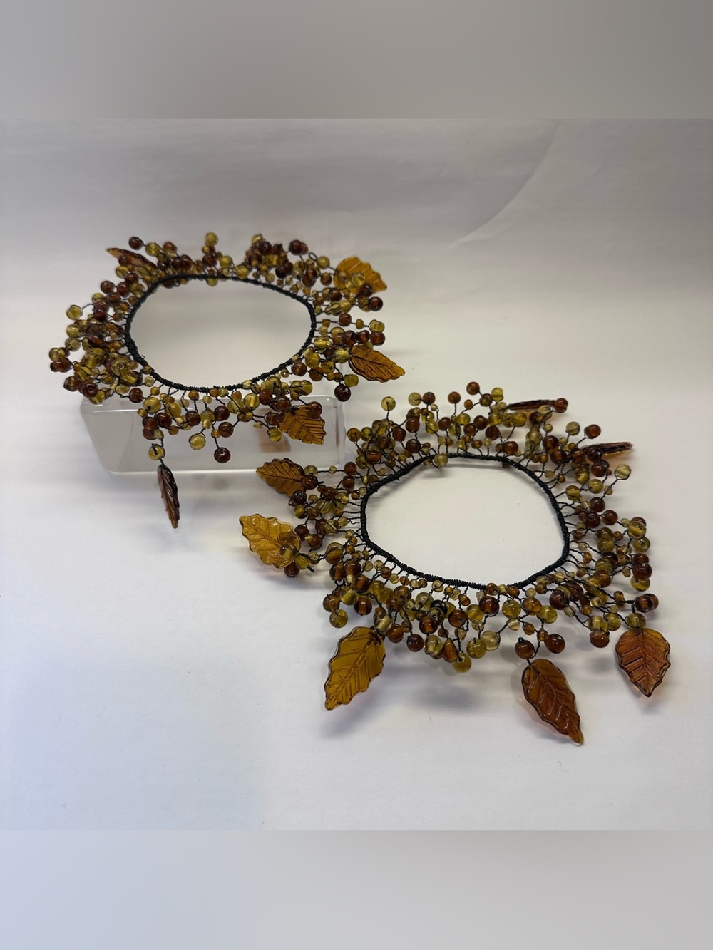 Pottery Barn Amber Pepperberry Glass Bead Candle Rings Set of 2 Fall Decor
